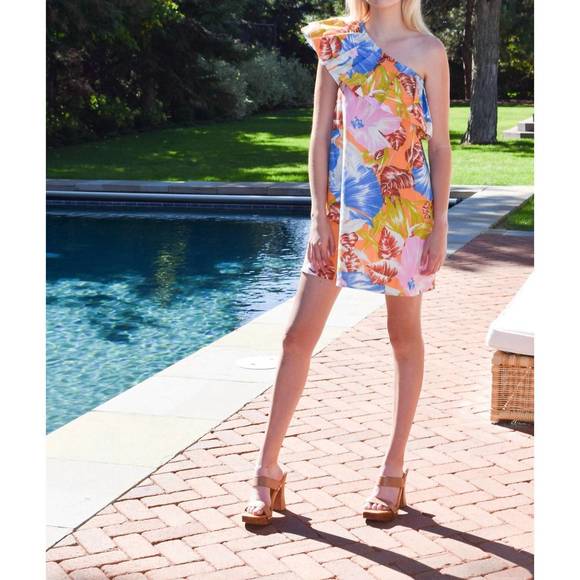 NEW NEVER A WALLFLOWER one shoulder short dress in tangerine tropical - Picture 4 of 4